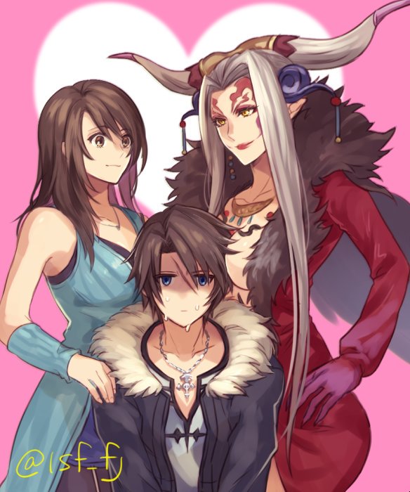 1boy 2girls black_hair breasts brown_hair cleavage closed_mouth dress facial_mark final_fantasy final_fantasy_viii gloves grey_hair horns jewelry lipstick long_hair makeup multiple_girls necklace pointy_ears rinoa_heartilly sasanomesi simple_background smile squall_leonhart square_enix ultimecia wings yellow_eyes