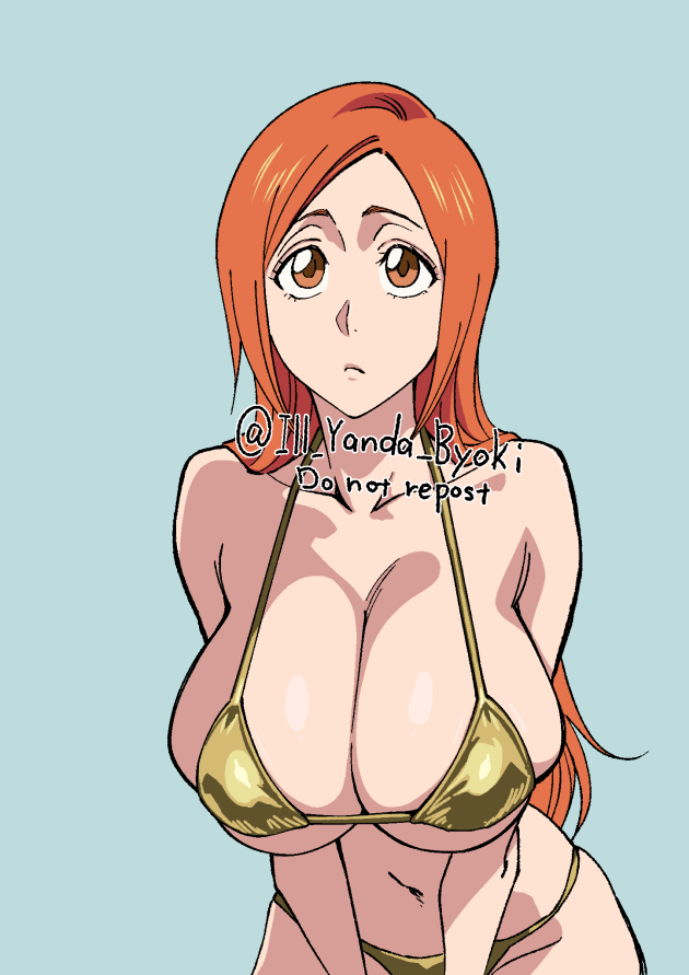 1girl artist_name bare_shoulders bleach breasts brown_eyes collarbone female_focus highres ill_yanda_byoki inoue_orihime large_breasts long_hair orange_hair shiny_skin simple_background