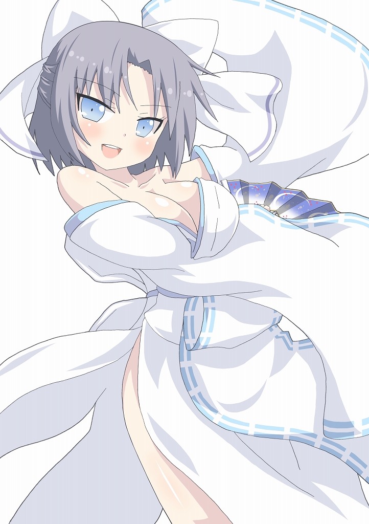 10s 1girl bare_shoulders blue_eyes blush bow breasts cleavage female_focus hair_bow hand_fan huge_breasts japanese_clothes kagerou_(kers) large_breasts looking_at_viewer no_bra no_panties off_shoulder open_mouth ribbon senran_kagura short_hair simple_background smile solo white_background yumi_(senran_kagura)