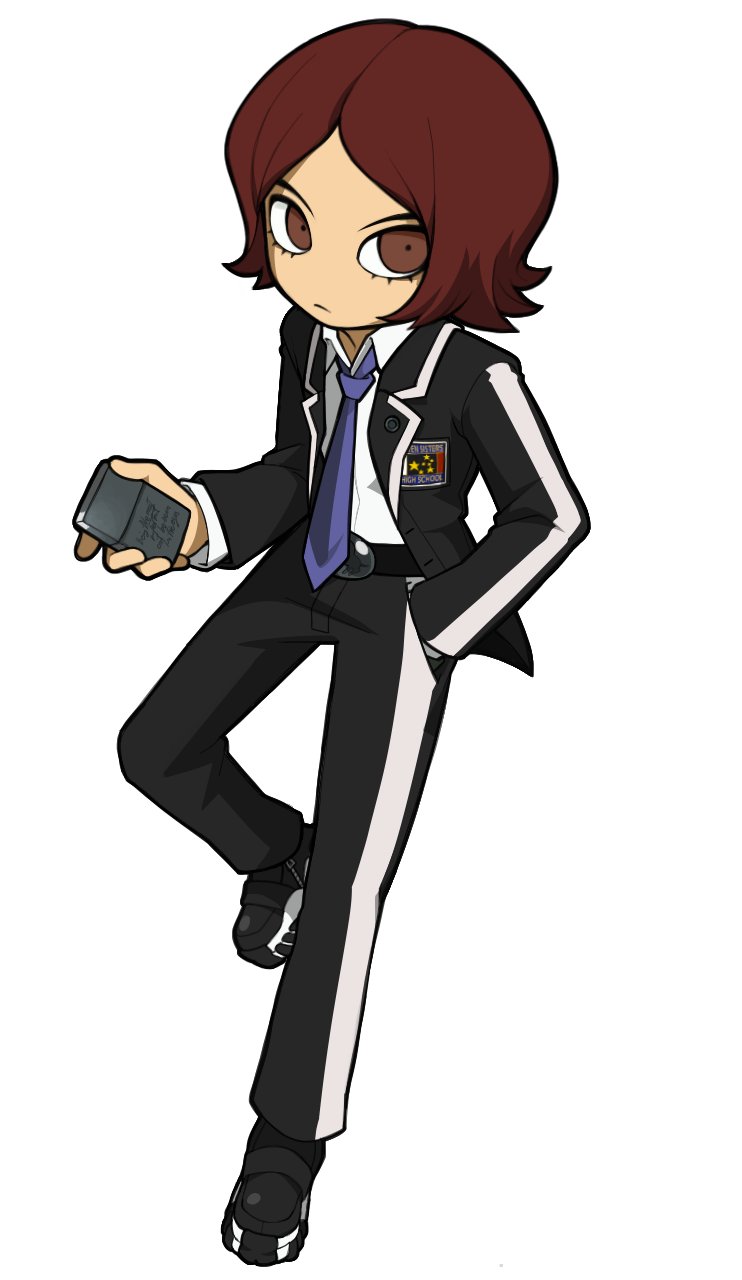 1boy black_jacket black_pants brown_eyes brown_hair collared_shirt cortaunatijera expressionless eyelashes full_body hand_in_pocket highres holding holding_lighter jacket knee_up leg_up lighter long_sleeves looking_at_viewer male_focus necktie pants parody persona persona_2 persona_2_tsumi persona_q_(series) purple_necktie school_uniform seven_sisters_high_school_uniform shirt short_hair simple_background solo standing standing_on_one_leg style_parody suou_tatsuya white_background white_shirt