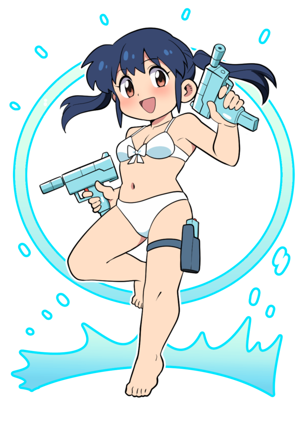 1girl barefoot bikini blue_hair blush bow bow_bikini breasts brown_eyes collarbone dual_wielding highres holding holster long_hair looking_at_viewer navel open_mouth original shizuku-chan_(yume_yoroi) small_breasts smile standing standing_on_one_leg swimsuit thigh_holster twintails water water_gun white_background white_bikini yume_yoroi