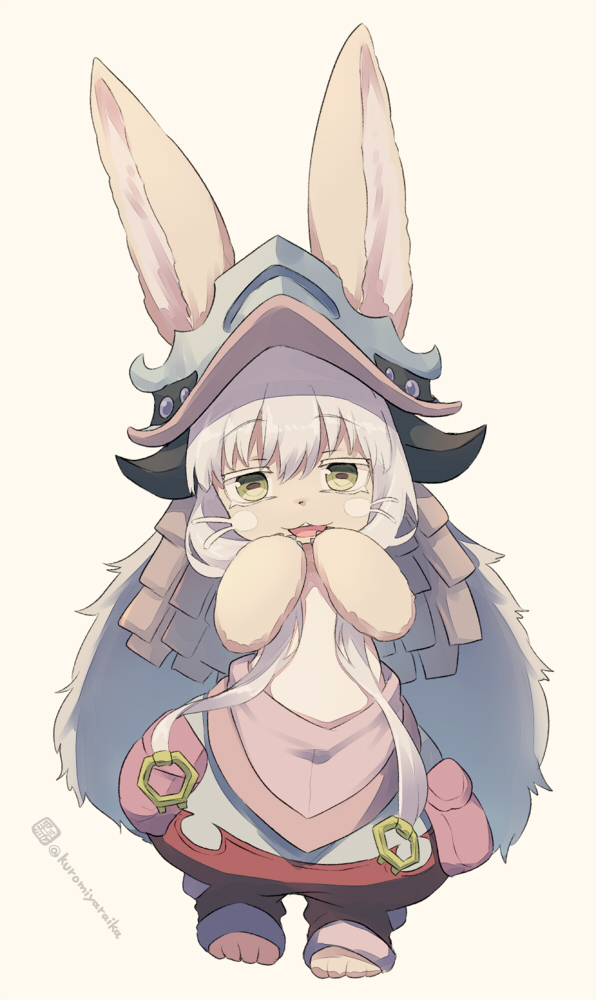 1other animal_ears brown_background brown_eyes full_body furry grey_hair hair_between_eyes hands_up kuromiya long_hair looking_at_viewer made_in_abyss nanachi_(made_in_abyss) one-hour_drawing_challenge open_mouth pants simple_background solo standing twitter_username very_long_hair white_pants