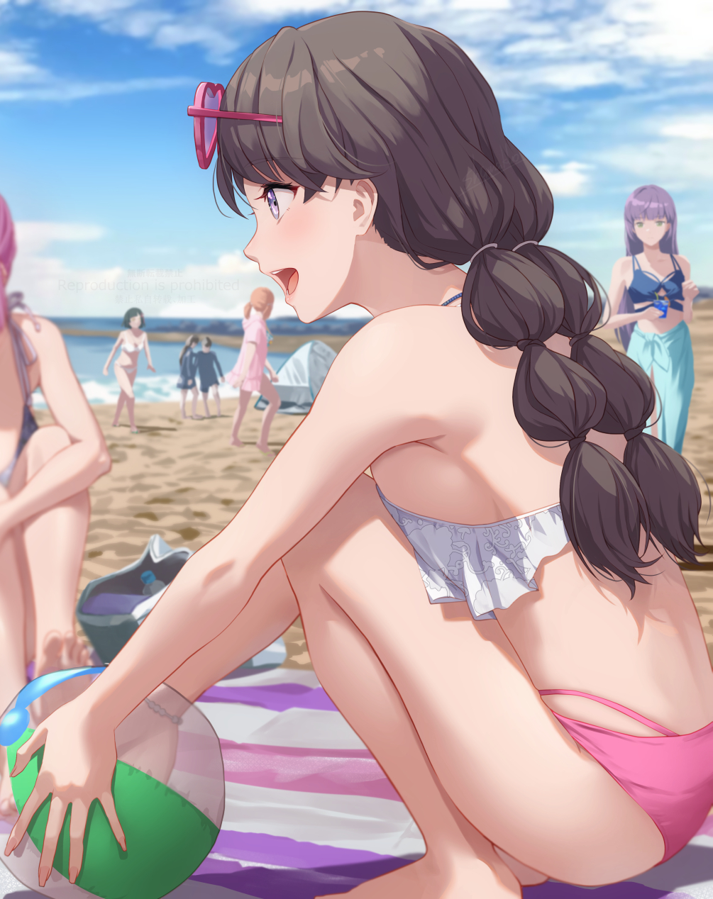 2girls anyoji_hime ball beach beach_towel beachball bikini black_hair blue_sky breasts brown_hair cloud commentary_request fujishima_megumi fujishima_megumi_(swimsuit) highres hinoshita_kaho hinoshita_kaho_(swimsuit) holding holding_ball link!_like!_love_live! long_hair love_live! medium_breasts momose_ginko multiple_girls orange_hair otomune_kozue otomune_kozue_(swimsuit) outdoors pink_bikini pink_hair purple_hair shamakho sky solo_focus squatting swimsuit towel water white_bikini