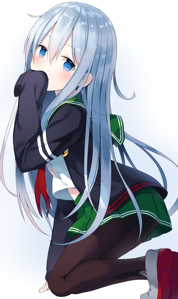 1girl black_jacket black_pantyhose blue_eyes cardigan cosplay crescent crescent_pin female_focus green_skirt hair_between_eyes hibiki_(kancolle) highres jacket kantai_collection long_hair long_sleeves midriff_peek mutsuki_(kancolle) mutsuki_(kancolle)_(cosplay) neckerchief pantyhose pleated_skirt red_neckerchief remodel_(kantai_collection) sailor_collar school_uniform serafuku shikuro_(iorimiyakiyo) shoes silver_hair skirt sleeves_past_wrists solo