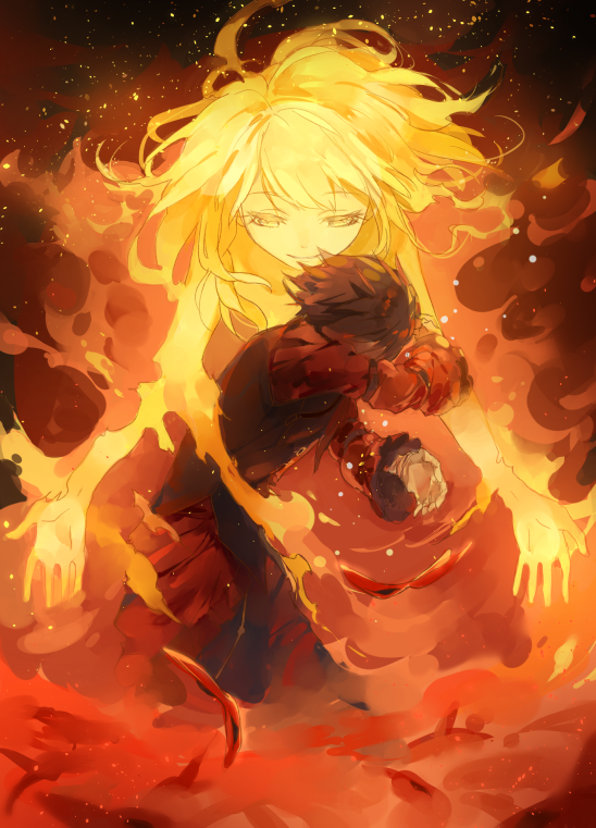 1boy 1girl black_hair blonde_hair closed_mouth fire from_side imoko_(imonatsuki) long_hair marseus outstretched_arms smile sparks unlight