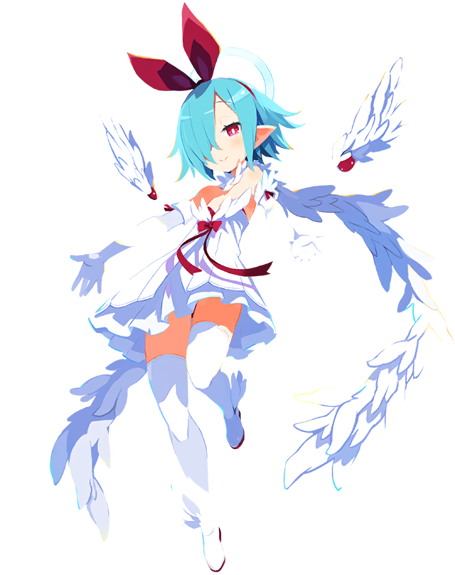 1girl asymmetrical_bangs blue_hair boots bow bright_pupils detached_wings disgaea disgaea_rpg dress elbow_gloves full_body gloves hair_bow hair_over_one_eye halo light_blue_hair mini_wings non-web_source official_art photoshop_(medium) pleinair pointy_ears red_eyes short_hair smile solo thigh_boots thighhighs transparent_background white_dress white_gloves white_thighhighs white_wings wings