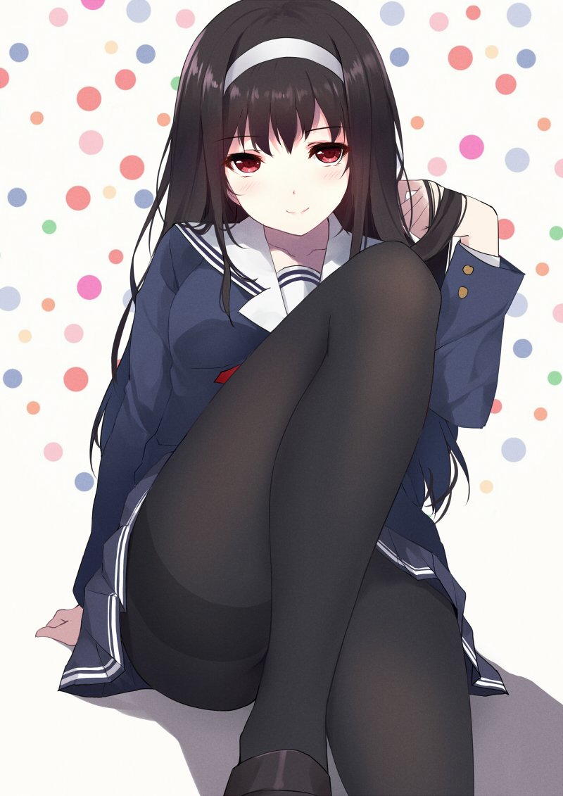 caidychen, kasumigaoka utaha, saenai heroine no sodatekata, 1girl, black  hair, black pantyhose, blue shirt, blue skirt, blush, closed mouth,  collarbone, convenient leg, eyebrows, hairband, hand in own hair, head  tilt, loafers, long