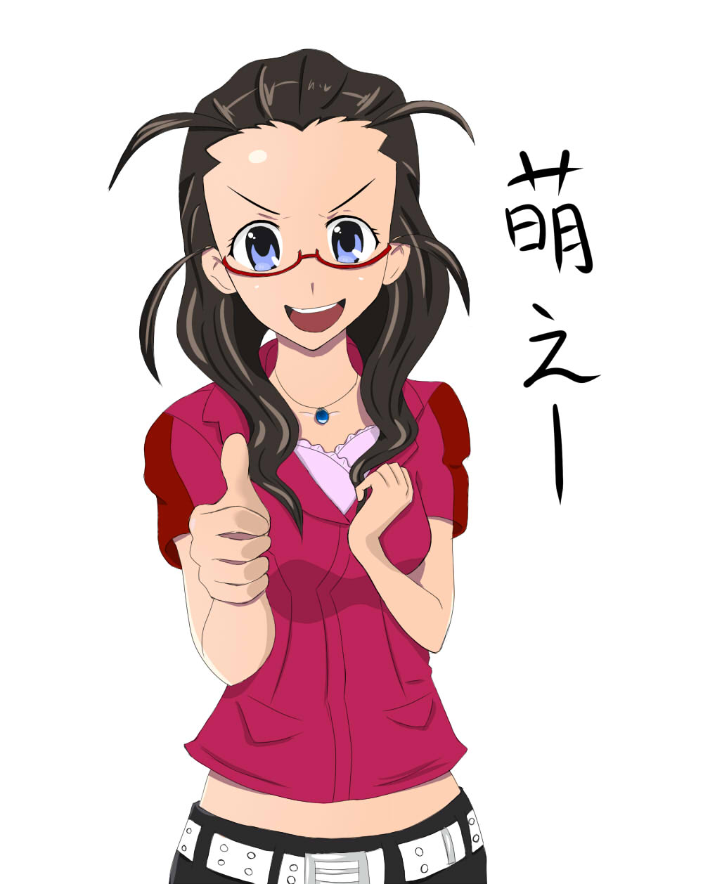 00s black_hair blue_eyes casual forehead glasses highres kannagi kimura_takako midriff moe_(phrase) solo thumbs_up translation_request veryblacksquare