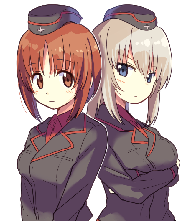 2girls black_headwear black_jacket blue_eyes brown_eyes brown_hair closed_mouth cropped_torso crossed_arms dress_shirt frown garrison_cap girls_und_panzer hat hatsukaze33 insignia itsumi_erika jacket kuromorimine_military_uniform light_frown long_sleeves looking_at_viewer medium_hair military military_hat military_uniform multiple_girls nishizumi_miho red_shirt shirt short_hair side-by-side silver_hair simple_background standing upper_body white_background wing_collar