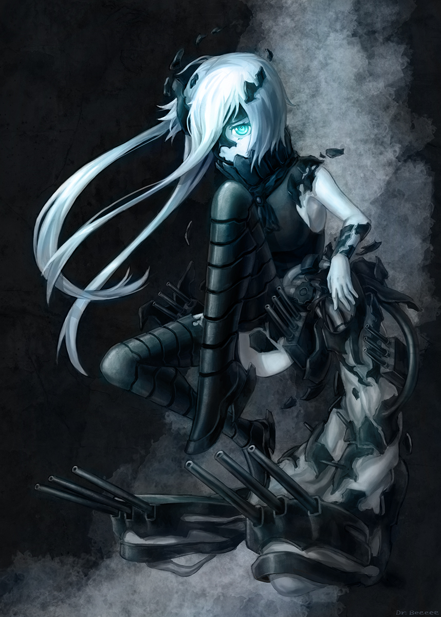 10s 1girl abyssal_ship apoidea black_dress blue_eyes blue_theme colored_skin dress female_focus gradient_background highres kantai_collection long_hair monochrome ne-class_heavy_cruiser short_dress solo thighhighs white_hair white_skin