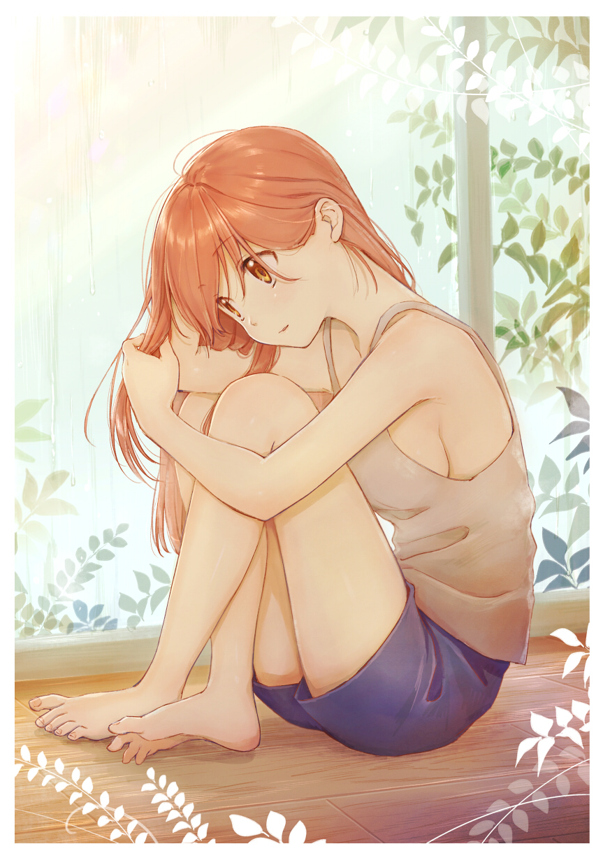 1girl bare_legs barefoot blue_shorts breasts feet from_side full_body highres kawai_makoto knees_up long_hair on_floor orange_eyes orange_hair original playing_with_own_hair shorts sideboob sitting solo spread_toes tank_top toes wooden_floor