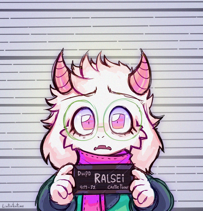 1boy animal_ears colored_skin deltarune eye_contact furry furry_male glasses gloves goat_boy goat_ears green-framed_eyewear green_robe holding horns linterteatime long_sleeves looking_at_another looking_at_viewer mugshot pink_scarf purple_eyes ralsei robe round_eyewear scarf solo