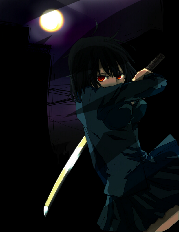 1girl bad_id bad_pixiv_id black_hair bob_cut breasts dark durarara!! female_focus full_moon glasses glowing glowing_eyes large_breasts moon night no_eyewear pleated_skirt red_eyes school_uniform short_hair skirt solo sonohara_anri sword tsuna16 unworn_eyewear weapon