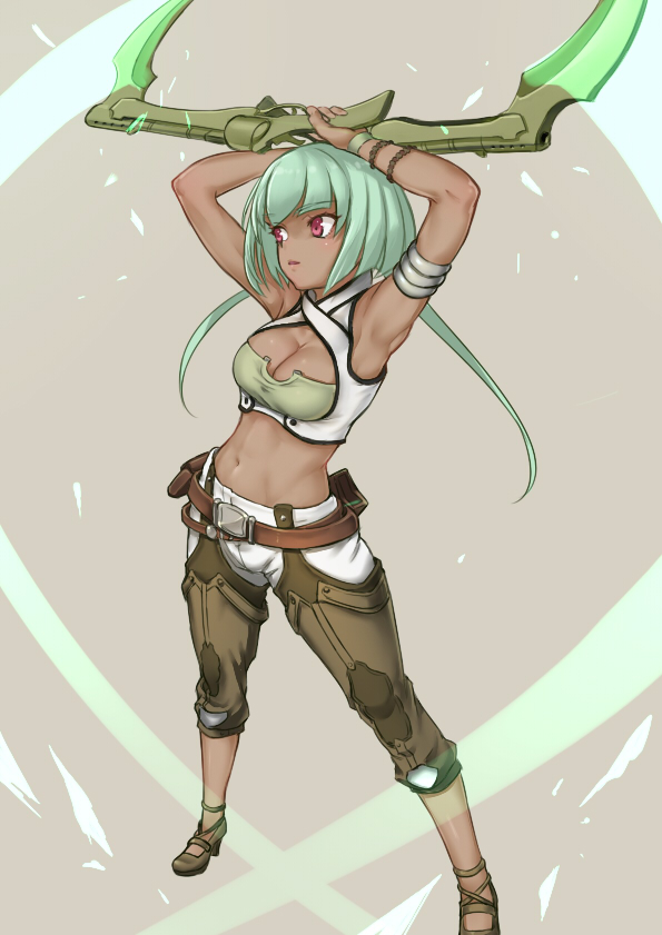 Emerald Sustrai Rwby 1girl Belt Dark Skinned Female Dark Skin Green Hair Gun Pants Red 5665