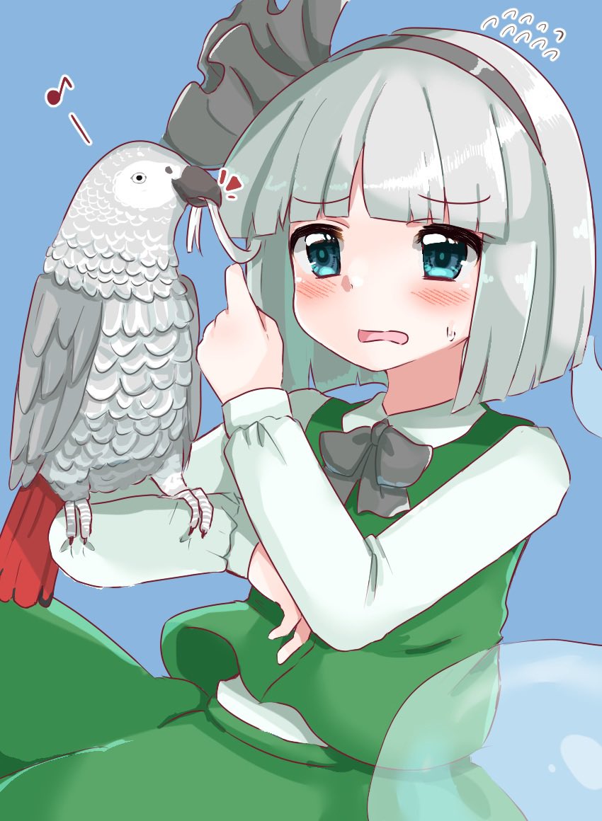 1girl african_grey_parrot animal_on_arm bird bird_on_arm blue_eyes blush bow bowtie commentary flying_sweatdrops green_skirt green_vest grey_bird grey_bow grey_bowtie grey_hair grey_hairband hairband hitodama konpaku_youmu konpaku_youmu_(ghost) long_sleeves musical_note open_mouth parrot skirt skirt_set solo sweatdrop tanikake_yoku touhou vest