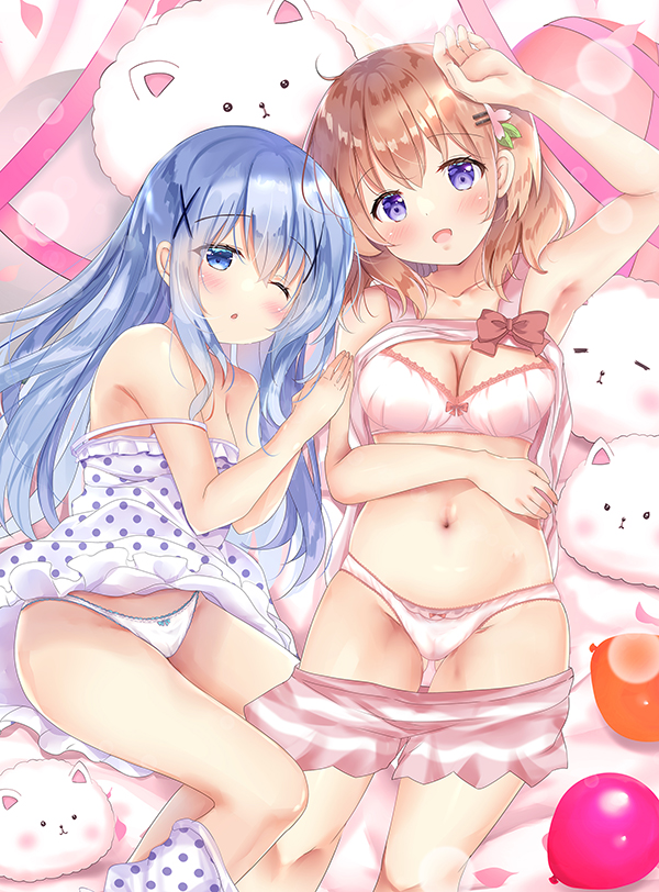 2girls :d ;o angora_rabbit animal arm_up armpits bare_arms bare_shoulders blue_eyes blue_hair blush bow bow_bra bow_panties bra breasts brown_hair cleavage clothes_pull commentary_request dress gochuumon_wa_usagi_desu_ka? hair_between_eyes hair_ornament hairclip head_tilt hoto_cocoa kafuu_chino long_hair medium_breasts multiple_girls one_eye_closed open_mouth panties parted_lips pink_shorts purple_eyes rabbit rikatan short_shorts shorts shorts_pull smile tank_top tippy_(gochiusa) underwear very_long_hair white_bra white_dress white_panties white_tank_top x_hair_ornament