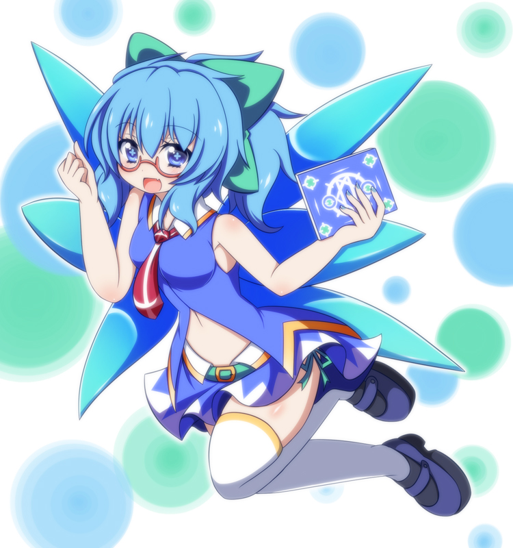 +_+ 1girl alternate_costume bespectacled blue_eyes blue_hair book cirno female_focus glasses hair_ribbon ice ice_wings matching_hair/eyes oborotsuki_kakeru ponytail red-framed_eyewear ribbon sleeveless solo thighhighs touhou white_thighhighs wings