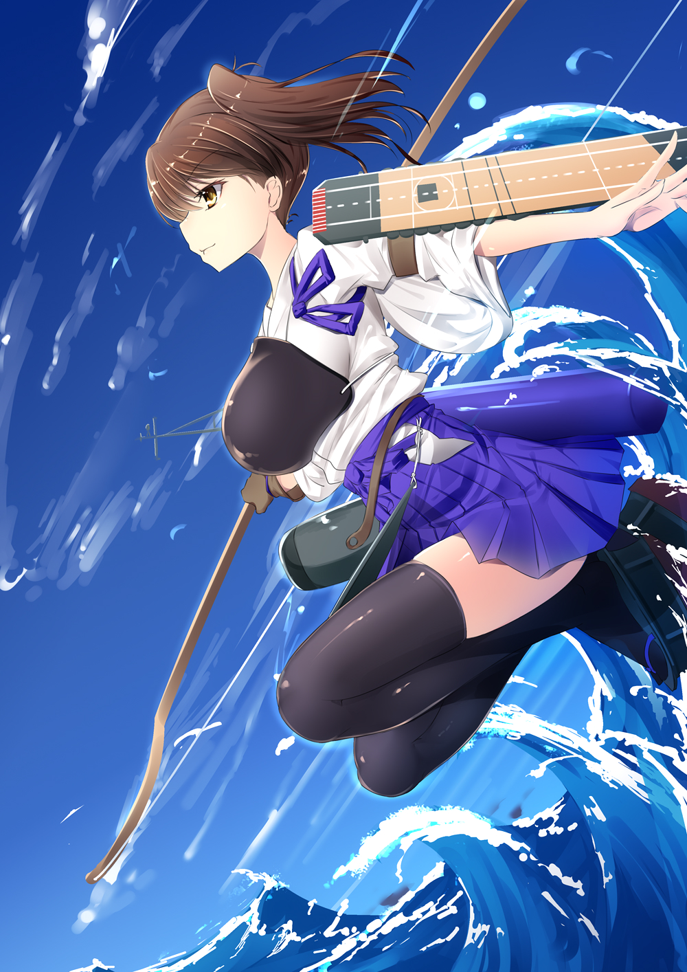 10s 1girl bad_id bad_pixiv_id bow_(weapon) brown_eyes brown_hair female_focus flight_deck hakama hakama_short_skirt hakama_skirt highres inu3 japanese_clothes kaga_(kancolle) kantai_collection long_hair matching_hair/eyes muneate quiver side_ponytail skirt smile solo tasuki thighhighs weapon