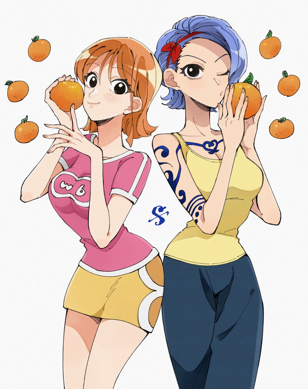 2girls arm_tattoo blue_hair chest_tattoo closed_mouth commentary_request cowboy_shot food fruit hairband highres looking_at_viewer mandarin_orange multiple_girls nami_(one_piece) nojiko nymrmc one_eye_closed one_piece orange_hair pink_shirt shirt short_hair siblings simple_background sisters skirt smile t-shirt tattoo white_background yellow_skirt