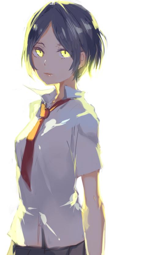 1girl blue_hair commentary_request dark_blue_hair hamada_(super_tachioyogi_kyousou) hayami_kanade idolmaster idolmaster_cinderella_girls looking_at_viewer necktie parted_bangs red_necktie school_uniform shirt short_hair short_sleeves simple_background solo white_background white_shirt yellow_eyes