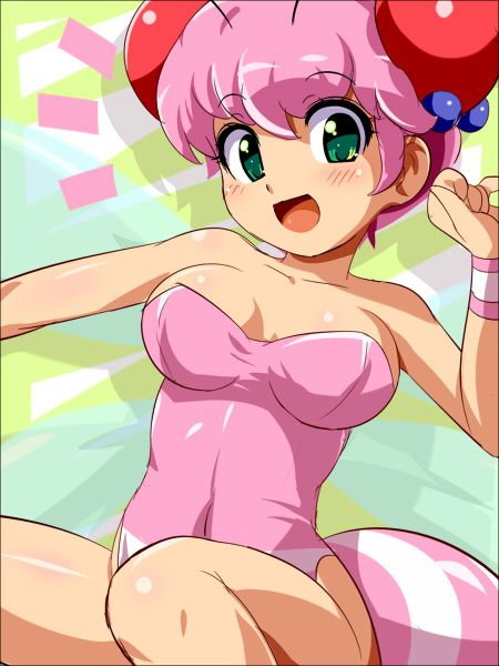 1girl :d antennae arthropod_girl bare_shoulders bee_girl female_focus green_eyes honey_bee_(bug-tte_honey) insect_girl konpeto leotard looking_at_viewer open_mouth pink_hair shiny_skin short_hair sleeveless smile solo tail takahashi_meijin_no_bug-tte_honey wristband