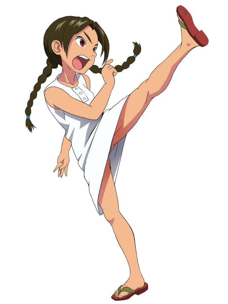 1girl abenobashi_mahou_shoutengai asahina_arumi bare_legs braid brown_hair child dress female_focus flip-flops full_body high_kick kicking long_hair no_socks open_mouth panties panty_peek red_eyes sandals simple_background sleeveless sleeveless_dress solo sundress tat_(artist) twin_braids underwear white_background white_dress