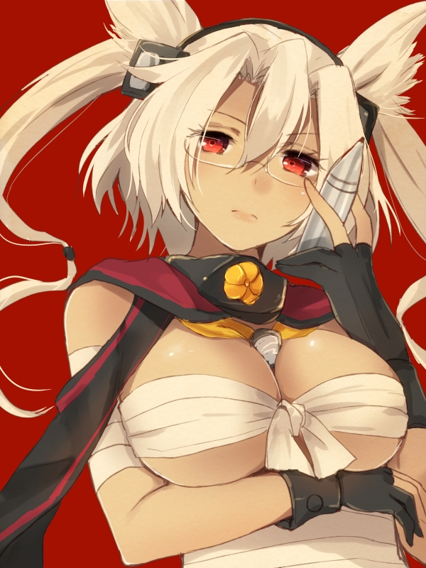 10s 1girl ammunition bad_id bad_pixiv_id blonde_hair breast_lift breasts dark-skinned_female dark_skin female_focus fingerless_gloves glasses gloves head_tilt headgear kantai_collection large_breasts looking_at_viewer musashi_(kancolle) nunucco personification pointy_hair red_background red_eyes sarashi solo twintails two_side_up