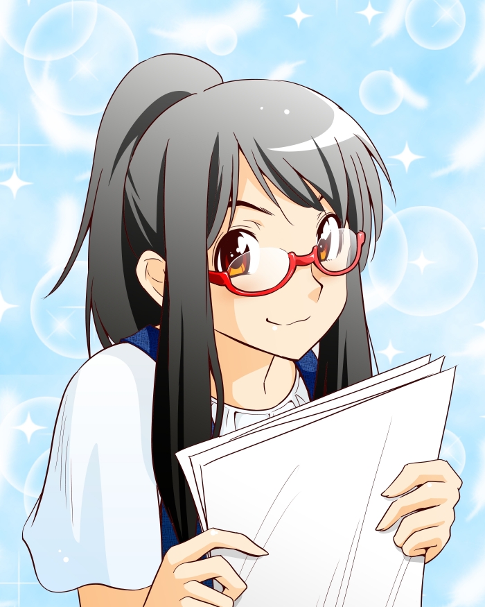 00s 1girl black_hair female_focus genshiken glasses lens_flare long_hair paper ponytail red-framed_eyewear semi-rimless_eyewear smile solo sparkle yellow_eyes yomoyama_akira yoshitake_rika