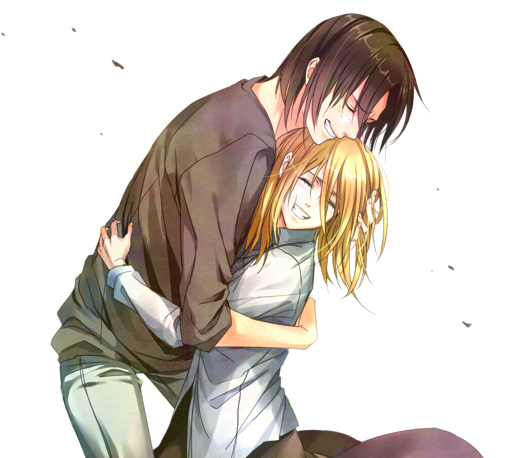 2girls blonde_hair brown_hair krista_lenz closed_eyes freckles grin hair_down hand_on_head hug kenao multiple_girls shingeki_no_kyojin short_hair smile ymir_(shingeki_no_kyojin)