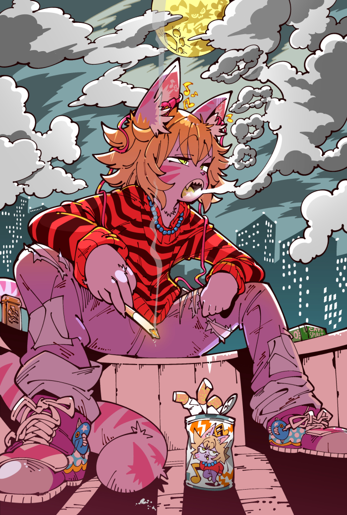 animal_ears blonde_hair cigarette cityscape earbuds earphones furry green_eyes half-closed_eyes holding holding_cigarette jewelry kafun legs_apart moon musical_note necklace night open_mouth original pants sharp_teeth shirt shoes sitting smoking striped_clothes striped_shirt teeth torn_clothes