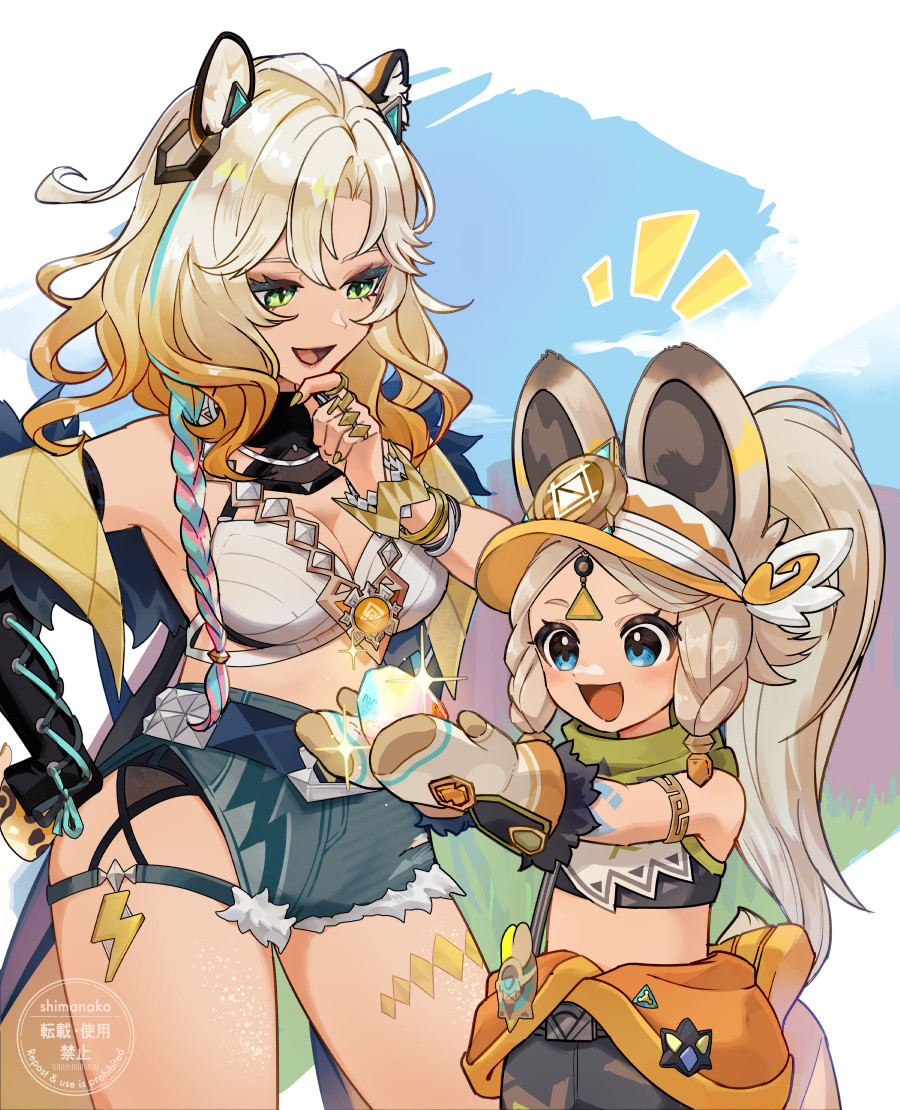 2girls :d animal_ears bandana bandana_around_neck bare_shoulders blonde_hair blue_eyes blue_hair blue_shorts blush breasts brown_mittens chinchilla_ears cleavage clothes_around_waist commentary_request crop_top cutoffs denim denim_shorts fingernails fur-trimmed_mittens fur_trim genshin_impact geo_symbol_(genshin_impact) green_bandana green_eyes hand_on_own_hip jacket jacket_around_waist jaguar_ears jaguar_girl kachina_(genshin_impact) large_breasts light_blue_hair light_brown_hair long_hair looking_at_object mittens multicolored_hair multiple_girls notice_lines open_mouth orange_hair orange_jacket orange_mittens orange_visor pink_hair shimanakao_(shimanaka_sushi) short_shorts shorts smile sparkle stomach very_long_hair vision_(genshin_impact) white_mittens xilonen_(genshin_impact)