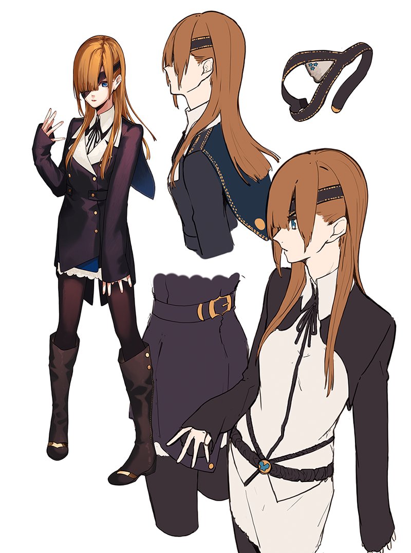 1girl black_pantyhose blue_eyes boots capelet character_sheet collared_shirt cropped_torso eyepatch fate/grand_order fate_(series) from_side hair_over_one_eye knee_boots la-na light_brown_hair long_hair long_sleeves miniskirt multiple_views one_eye_covered ophelia_phamrsolone pantyhose pencil_skirt shirt simple_background skirt sleeves_past_wrists unworn_eyepatch white_background