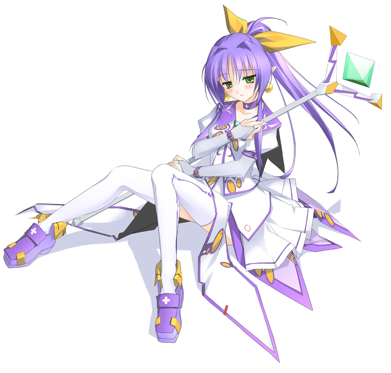 1girl angelan artist_request blush female_focus green_eyes long_hair purple_hair sitting skirt solo staff_(weapon) tagme thighhighs virtual_on white_background