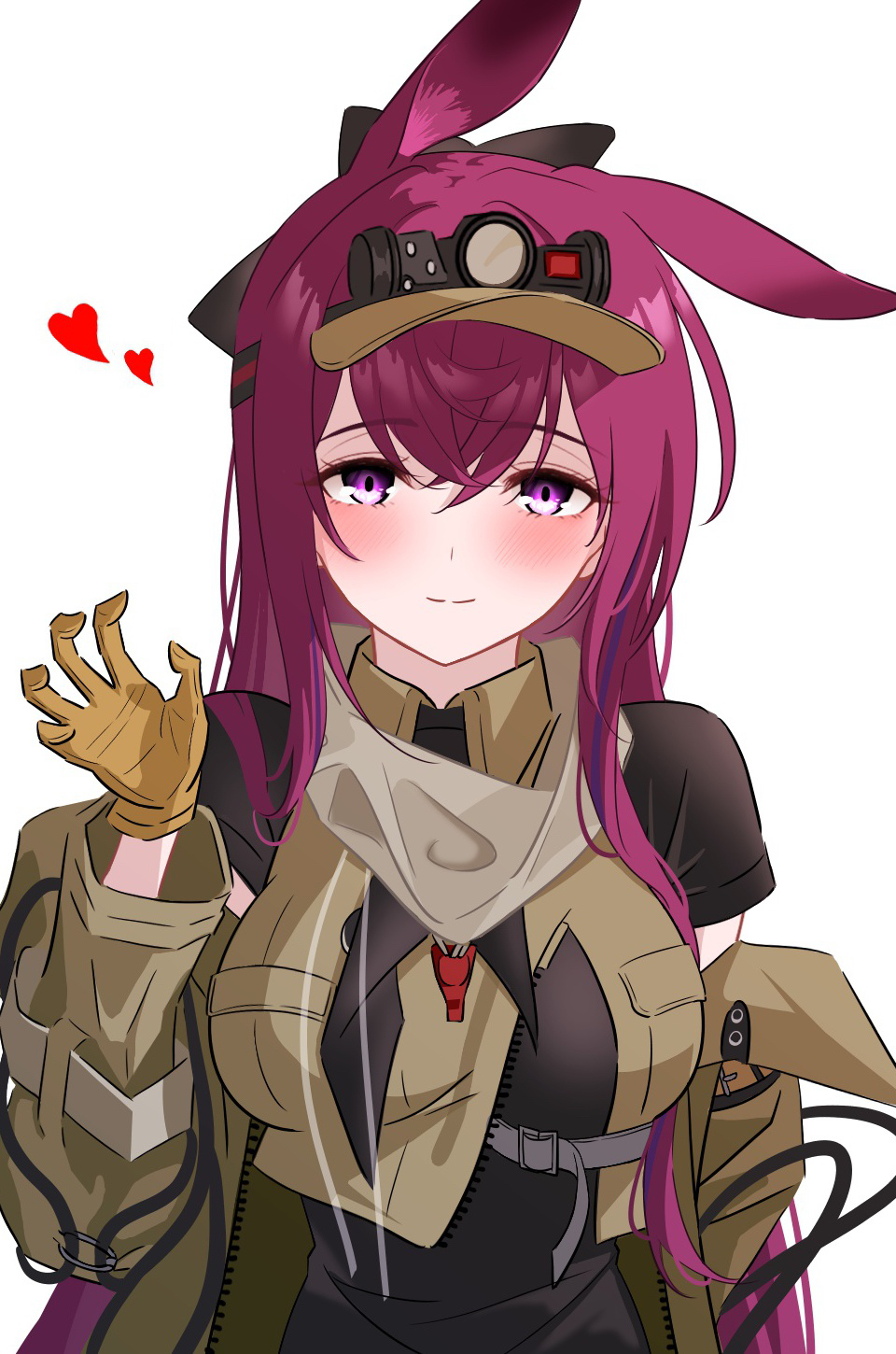 1girl arknights aruku_(arukunights) black_shirt blush breasts closed_mouth commentary_request gloves hand_up heart highres large_breasts long_hair looking_at_viewer off_shoulder purple_eyes ray_(arknights) red_hair scarf shirt smile straight-on upper_body visor_cap whistle white_background yellow_gloves