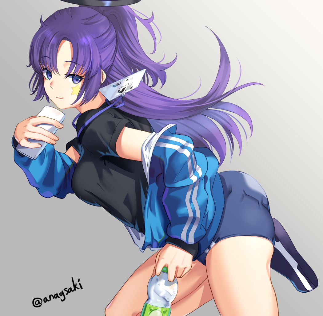 1girl aona_(anagasaki) black_shirt blue_archive blue_buruma blue_jacket blush bottle breasts buruma gym_uniform halo id_card jacket lanyard long_hair long_sleeves looking_at_viewer medium_breasts official_alternate_costume parted_bangs partially_unzipped ponytail purple_eyes purple_hair shirt smile solo star_(symbol) sticker_on_face track_jacket water_bottle yuuka_(blue_archive) yuuka_(track)_(blue_archive)