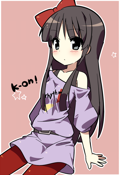 1girl akiyama_mio belt black_eyes black_hair blush bow clothes_writing copyright_name female_focus hair_bow k-on! kimoko listen!! long_hair off_shoulder pantyhose red_pantyhose sitting solo star_(symbol)