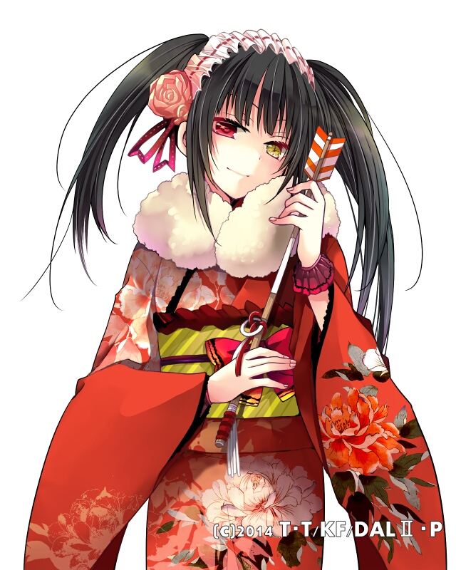 1girl asymmetrical_hair black_hair clock_eyes cowboy_shot date_a_live flower fur_trim furisode hair_flower hair_ornament hairband head_tilt heterochromia hibiki_mio holding japanese_clothes kimono lolita_hairband long_hair obi red_eyes red_flower red_kimono sash simple_background solo standing symbol-shaped_pupils tokisaki_kurumi twintails very_long_hair white_background