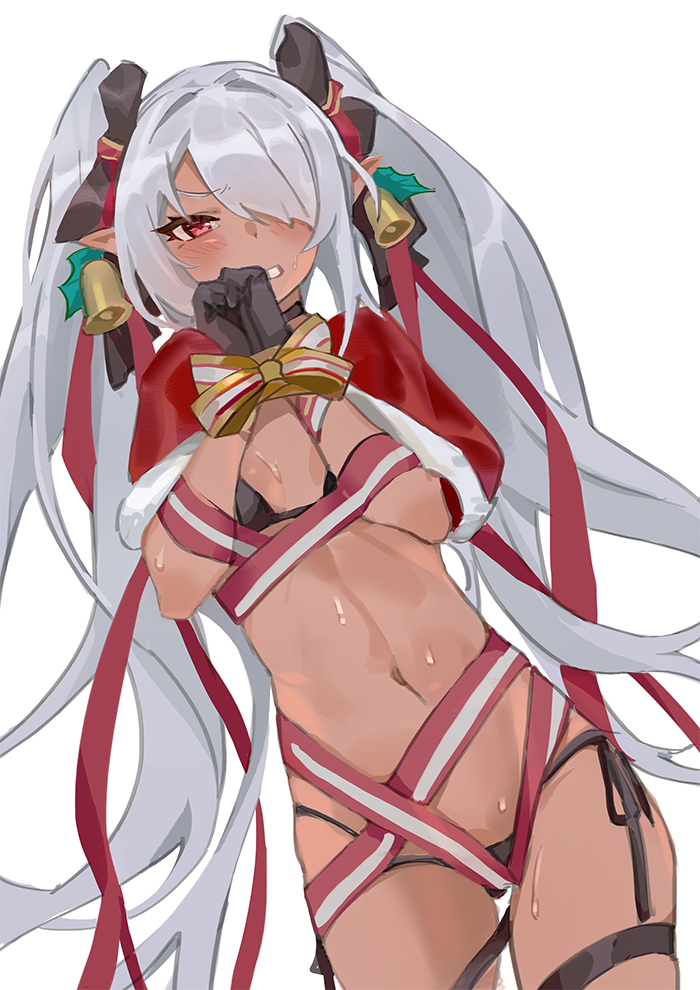 0.7_(aysatnegr) 1girl bell bikini black_bikini black_choker black_gloves black_ribbon blue_archive blush bound bound_wrists bow breasts capelet choker clenched_teeth dark-skinned_female dark_skin fur-trimmed_capelet fur_trim gloves hair_over_one_eye hair_ribbon iori_(blue_archive) iori_(swimsuit)_(blue_archive) long_hair looking_at_viewer multi-strapped_bikini_bottom navel own_hands_together parted_lips pointy_ears red_capelet red_eyes ribbon side-tie_bikini_bottom silver_hair small_breasts solo stomach sweat swimsuit teeth thigh_strap twintails v-shaped_eyebrows very_long_hair yellow_bow