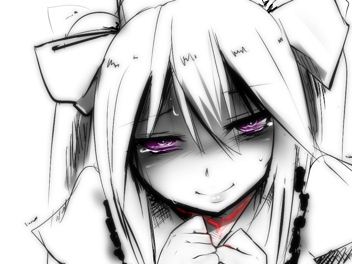 1girl bad_id bad_pixiv_id bleeding blood female_focus hata-tan_(rui_(hershe)) himekaidou_hatate hyudora monochrome purple_eyes solo spot_color tears touhou twintails yandere