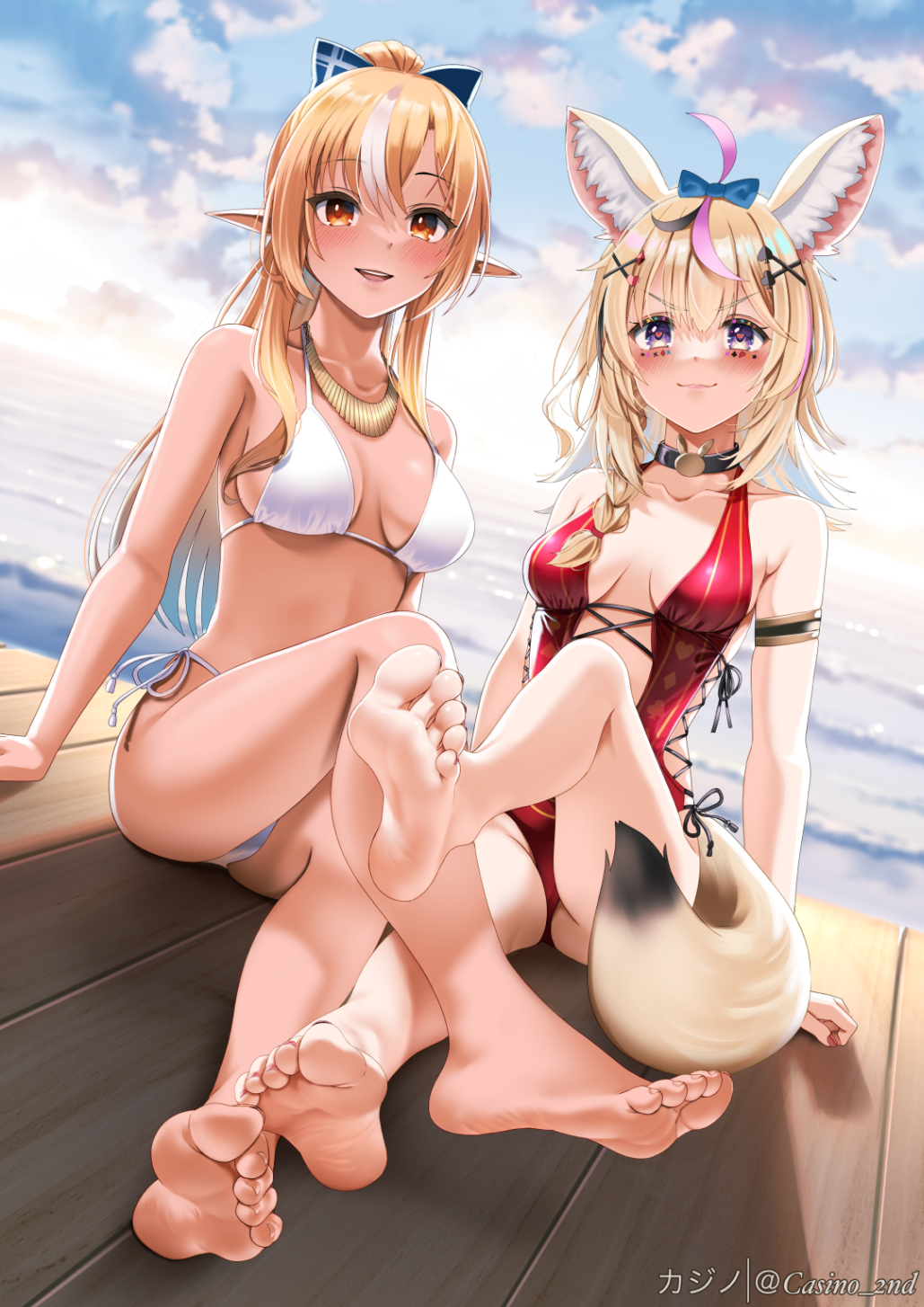 2girls ahoge animal_ear_fluff animal_ears barefoot bikini black_hair blonde_hair blue_bow bow breasts breasts_apart casino_(casinoep) elf feet foreshortening fox_ears fox_girl fox_tail hair_ornament halterneck highres hololive long_hair medium_breasts multicolored_hair multiple_girls omaru_polka one-piece_swimsuit pink_hair pointy_ears purple_eyes red_eyes red_one-piece_swimsuit shiranui_flare side-tie_bikini_bottom soles streaked_hair string_bikini swimsuit tail thighs toes v-shaped_eyebrows virtual_youtuber white_bikini white_hair wooden_floor x_hair_ornament