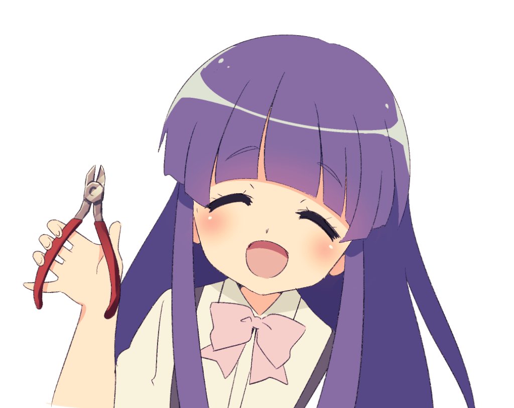 1girl bow bowtie closed_eyes dress_shirt facing_viewer furude_rika higurashi_no_naku_koro_ni long_hair nori_(himura_036) pink_bow pink_bowtie pun purple_hair shirt simple_background smile solo suspenders upper_body white_background white_shirt wire_cutters