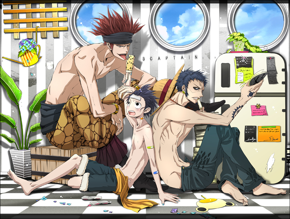 3boys barefoot black_hair blue_hair checkered_floor eustass_kid floor food hot ice_cream kitchen male_focus monkey_d._luffy multiple_boys one_piece red_hair saionji_(pang) sash shorts sitting supernova sweat tattoo topless_male trafalgar_law