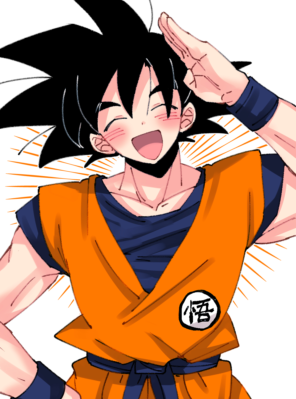 1boy bad_tag black_hair blue_sash blue_shirt blue_wristband blush closed_eyes dougi dragon_ball dragon_ball_super hand_on_own_hip highres muscular muscular_male orange_pants pants rz_pasta saiyan salute sash shirt smile solo son_goku spiked_hair white_background wristband