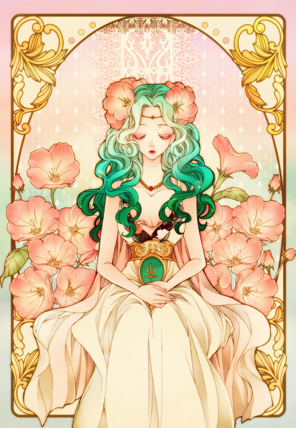 1girl aqua_hair art_nouveau belt bishoujo_senshi_sailor_moon cape circlet closed_eyes deep_aqua_mirror doily dress female_focus flower framed hair_flower hair_ornament highres holding jewelry kaiou_michiru lipstick long_hair makeup mirror necklace parted_lips pearl_necklace princess_neptune red_lips sitting sizh sleeveless sleeveless_dress solo wavy_hair white_dress