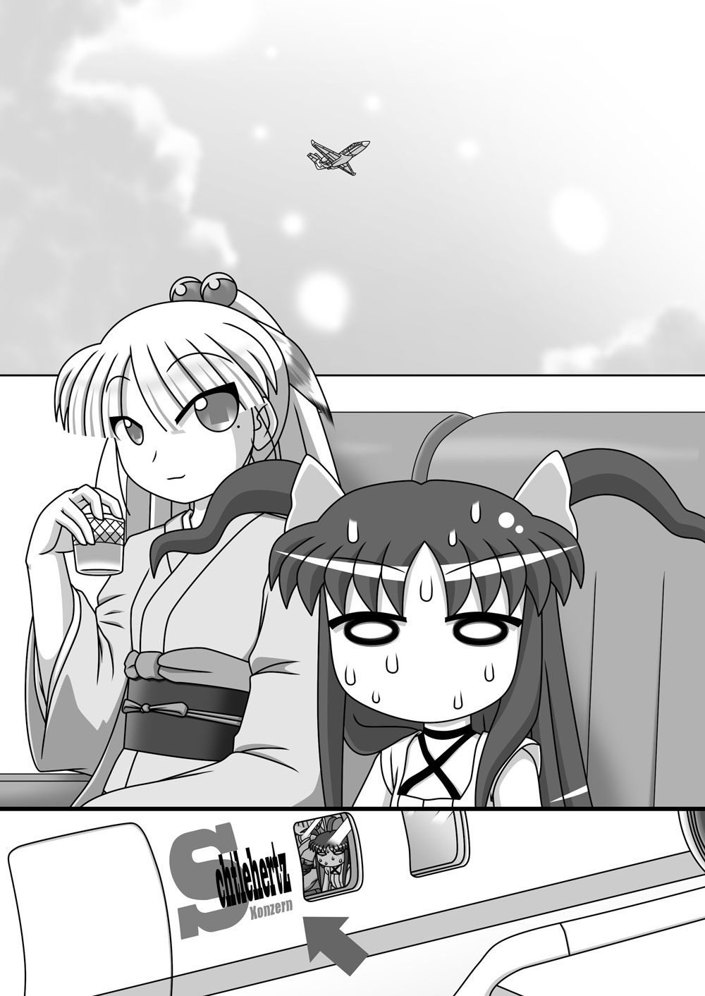 2girls aircraft airplane alternate_hairstyle cloud comic elza_straherz greyscale hair_bobbles hair_ornament highres japanese_clothes jet kimono monochrome multiple_girls obi original ponytail rakurakutei_ramen ran_straherz sash silent_comic sky sweat two_side_up yukata