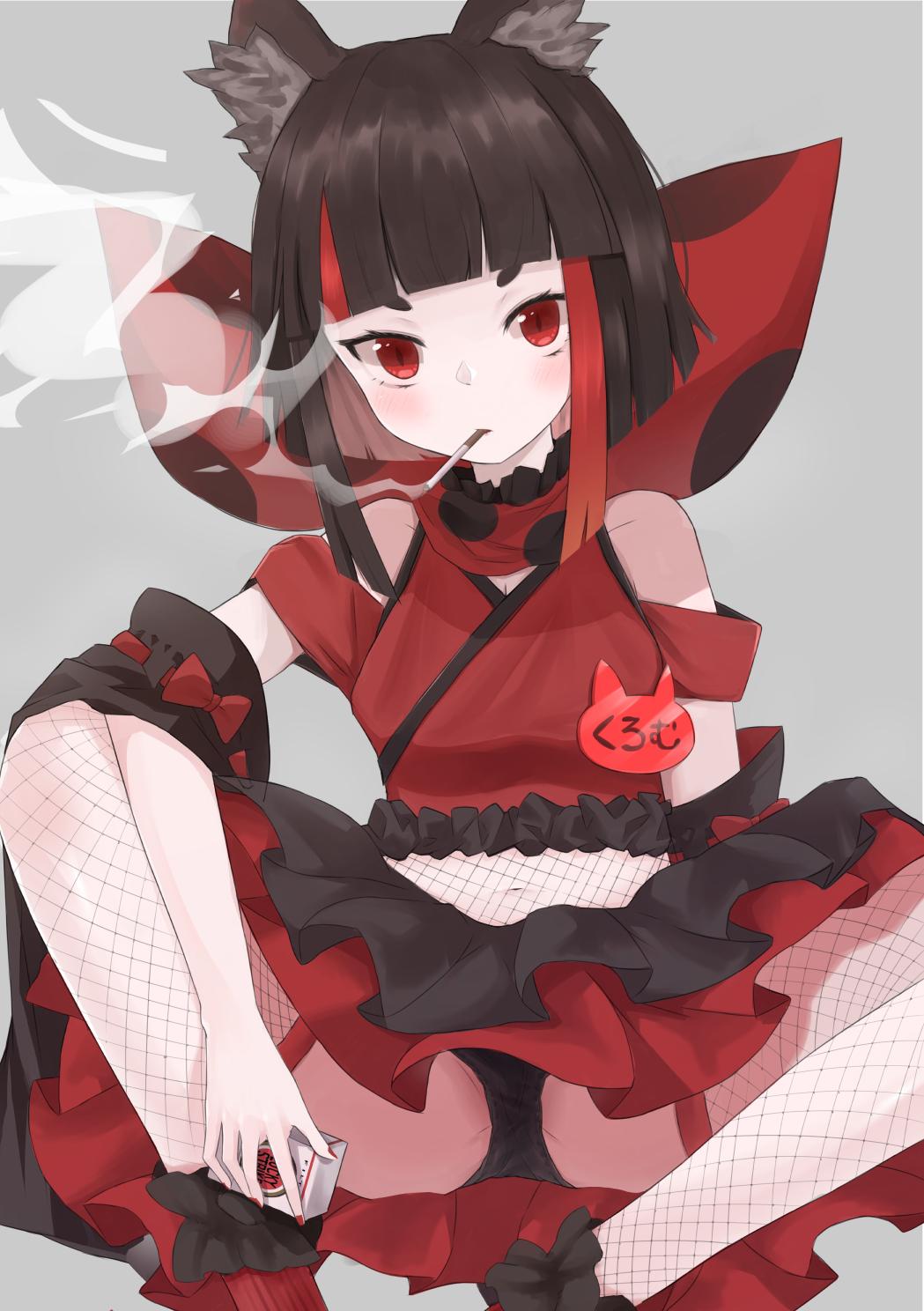 1girl accidental_exposure animal_ear_fluff animal_ears animare bandana black_hair black_panties black_sleeves blunt_bangs blush bow breasts cigarette cigarette_pack closed_mouth clothing_cutout detached_sleeves dress expressionless feet_out_of_frame fishnet_thighhighs fishnet_top fishnets fox_ears fox_girl frilled_dress frilled_skirt frills grey_background highres holding holding_cigarette_pack inari_kuromu irisu-chan_(yumemiruk) looking_at_viewer lucky_strike multicolored_hair nanashi_inc. navel panties red_bandana red_bow red_eyes red_hair red_shirt red_skirt shirt shoulder_cutout simple_background sitting skirt sleeve_bow small_breasts smoking solo spread_legs streaked_hair thighhighs underwear virtual_youtuber