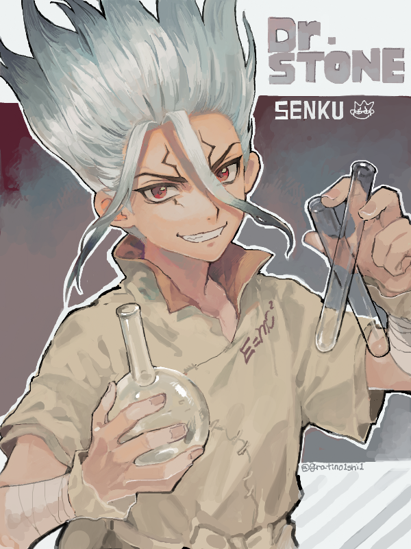 1boy beaker brown_shirt character_name collared_shirt copyright_name cowboy_shot detached_sleeves dr._stone grey_background grin holding ishigami_senkuu looking_at_viewer male_focus red_eyes shirt short_hair short_sleeves smile solo spiked_hair standing teeth twitter_username v-shaped_eyebrows vial white_hair yu_(zatta13chan)