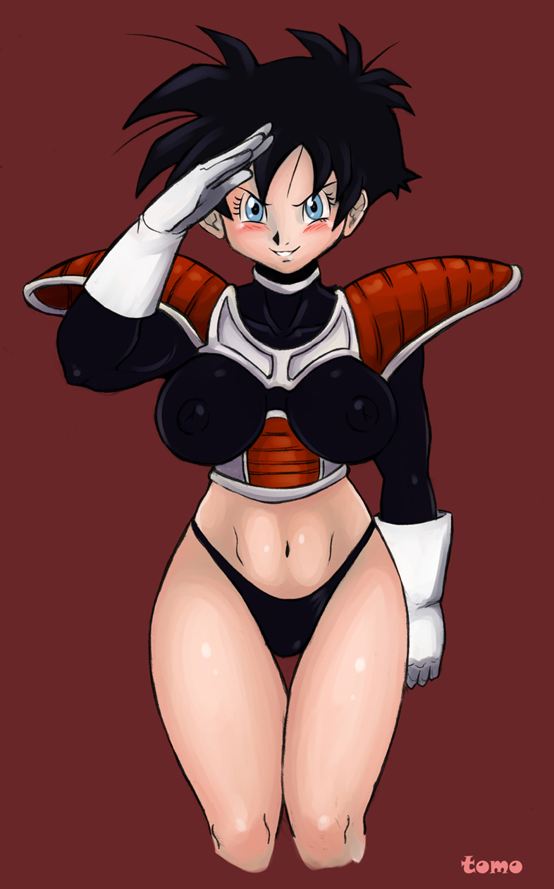 tomo (hentai foundry), videl, dragon ball, dragonball z, highres, 1girl,  armor, black hair, blue eyes, blush, breasts, female focus, huge breasts,  nipples, salute, simple background, smile, solo, uniform - Image View - |