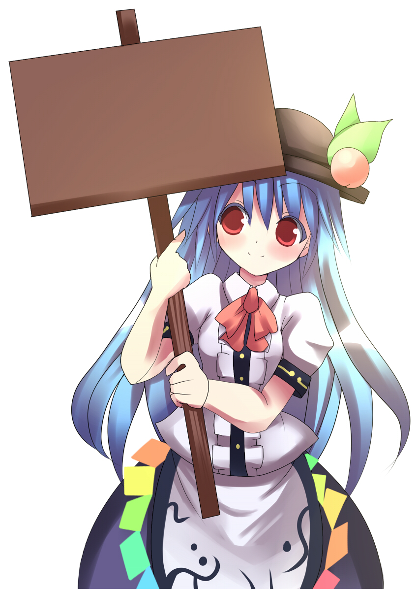 1girl blue_hair female_focus food fruit hat hinanawi_tenshi holding holding_sign long_hair peach red_eyes sign sign_holding solo template touhou tsunono