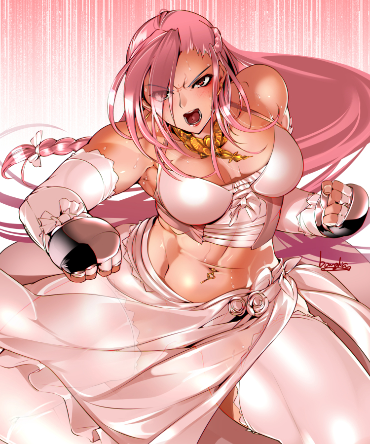 1girl angry bare_shoulders blush bowalia braid breasts cleavage clenched_hands curvy elbow_gloves fingerless_gloves gloves jewelry large_breasts long_hair looking_at_viewer navel navel_piercing necklace no_panties open_mouth original piercing pink_hair red_eyes skirt solo sweat swimsuit teeth thick_thighs thighs tongue wide_hips